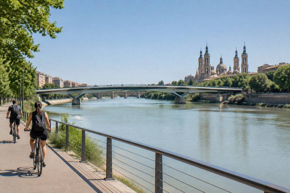 Cyclists on a riverside path with the Ebro and a modern bridge in view