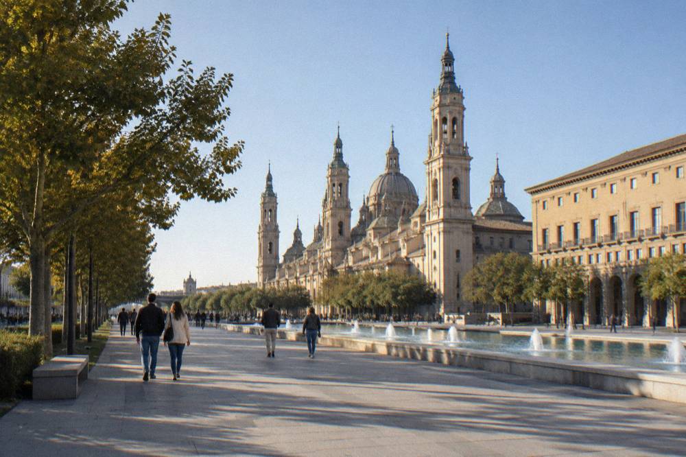 People strolling under mature trees on a wide park avenue in Zaragoza in late afternoon
