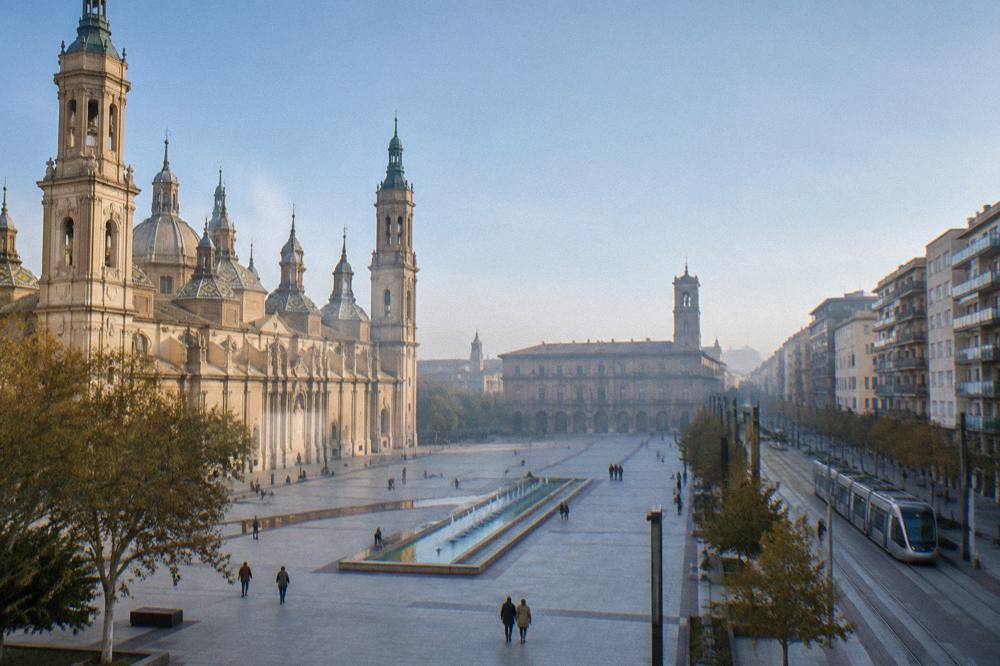 A tram passing modern apartment buildings on a wide avenue in Zaragoza