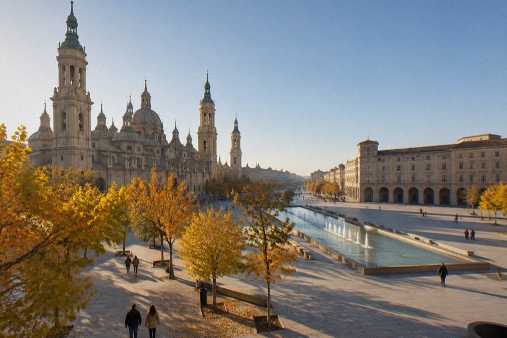 Autumn light on a park promenade with golden trees and a fountain in Zaragoza