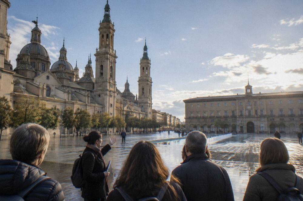 A tour guide speaking to a small group on a stone plaza in Zaragoza's old town