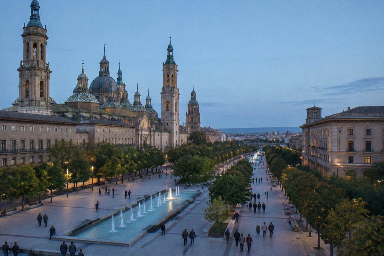 A wide tree-lined avenue with a central pedestrian walkway, fountains and historic facades in Zaragoza
