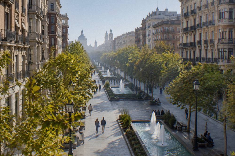 The central pedestrian walkway of the Paseo de la Independencia with fountains, benches and trees on a sunny day