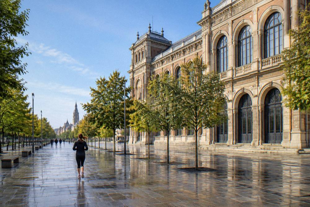 Plaza de los Sitios in Zaragoza with museum buildings and the wide end of the boulevard