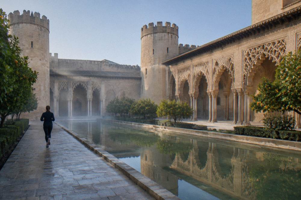 The Aljafería palace courtyard with its carved arches and Islamic ornament