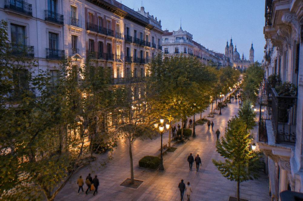 Evening light on a European city boulevard with lit facades and people strolling