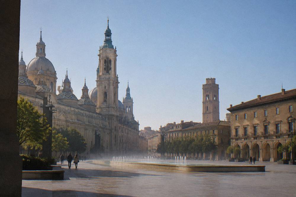 The Torreón de la Zuda tower and surrounding rooftops seen from the plaza in Zaragoza