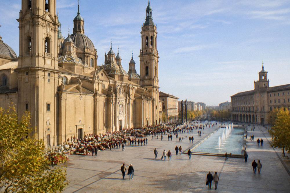 Flower offerings in white and red reaching the basilica facade during the October festival in Zaragoza