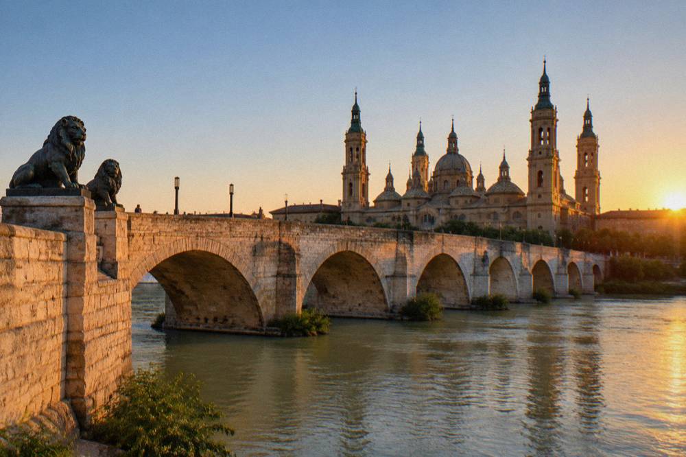 The stone bridge seen from the left bank with the basilica towers framed above its arches at sunset