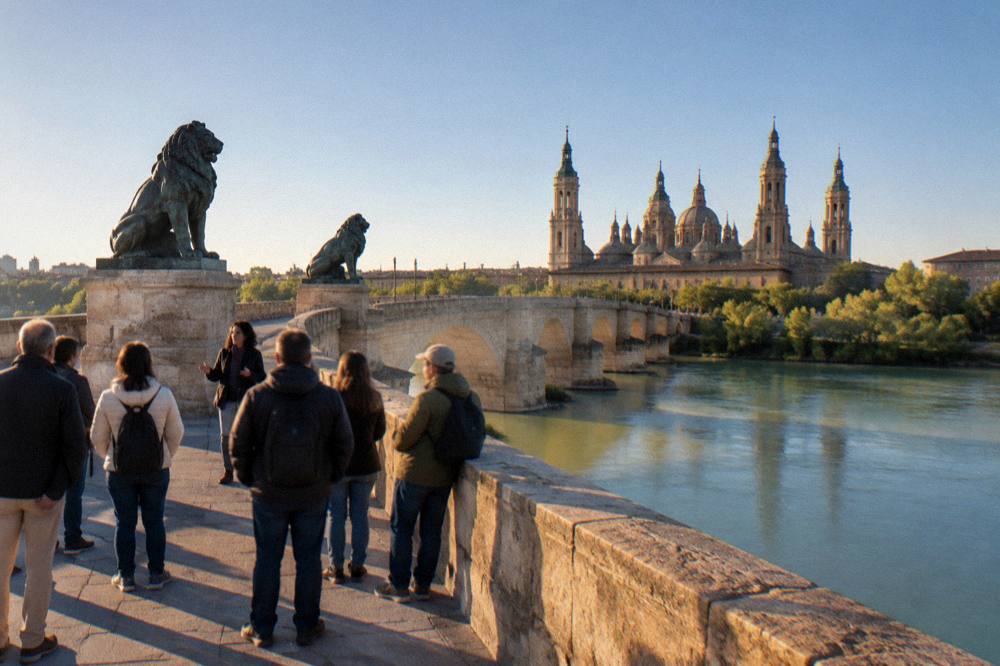 A guided walking group paused on the stone bridge listening to a guide