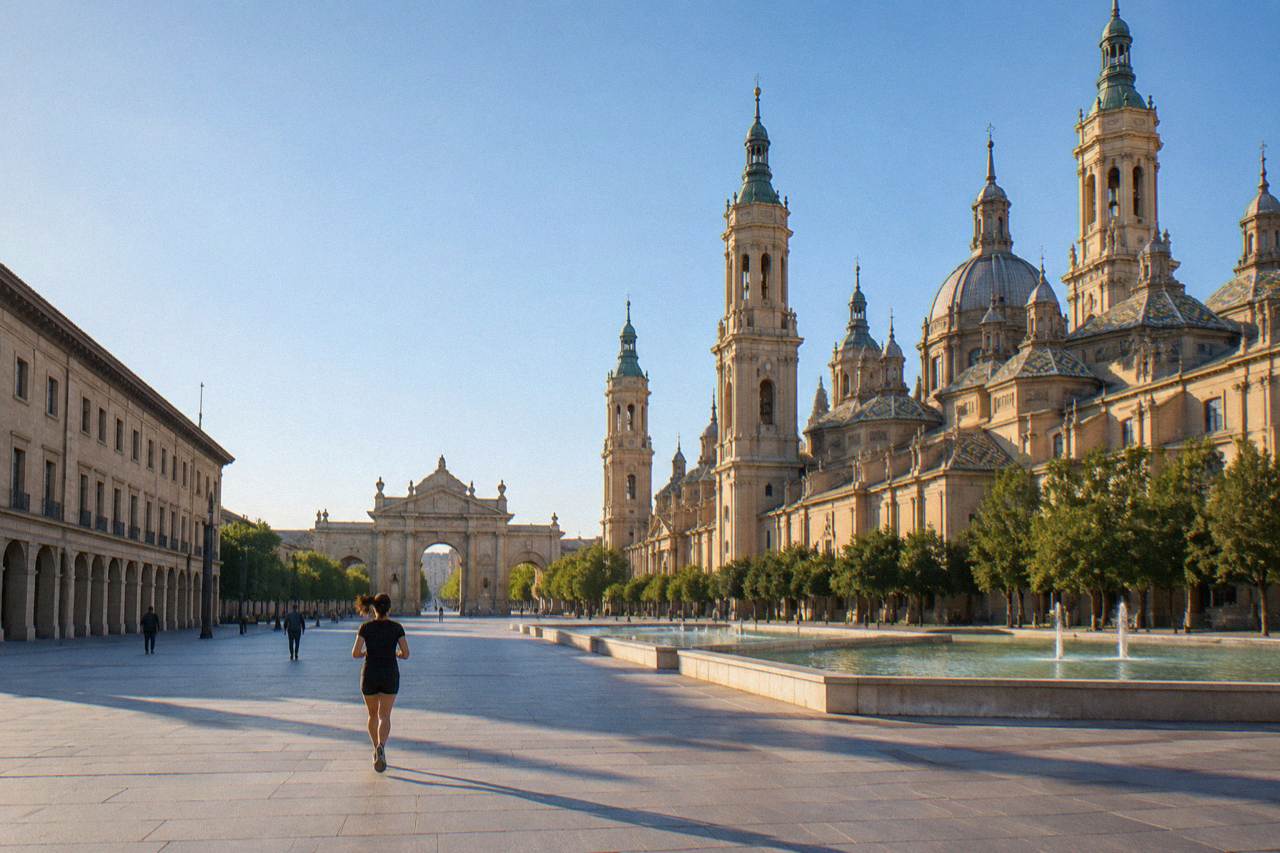 A stone city gate with a central archway and pediment standing at the head of a tree-lined street in Zaragoza