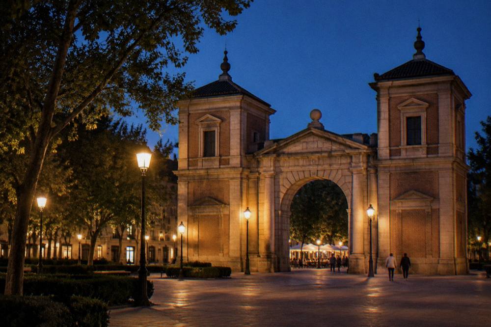 A stone gate lit by street lamps at night with a café glowing in the background