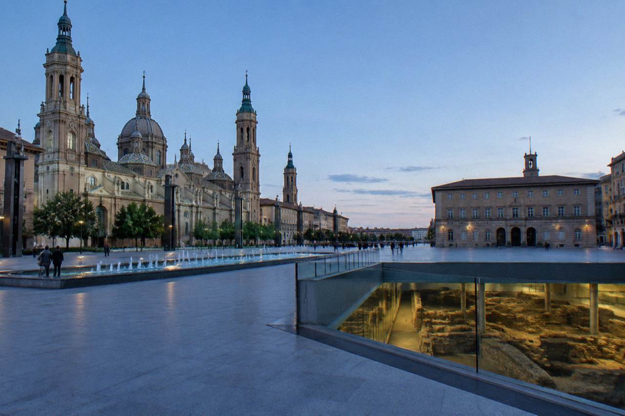 Underground Roman archaeological remains displayed beneath a modern museum building in Zaragoza