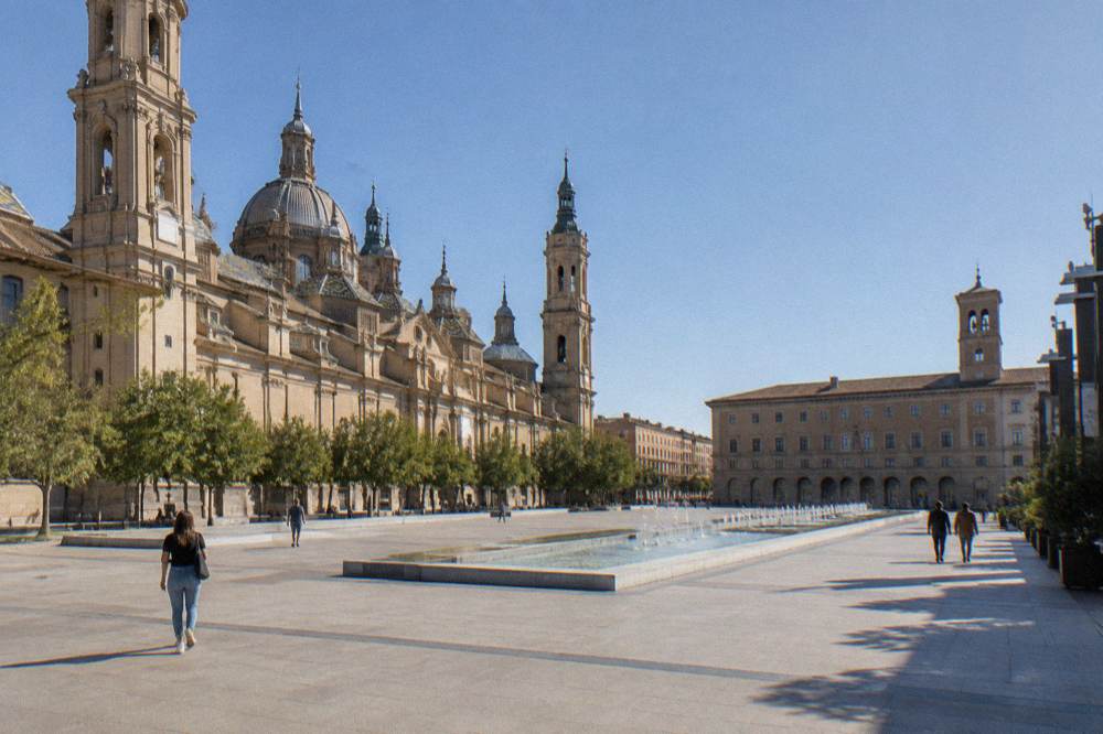 Sunlight falling on the ancient stone arcades of the theatre ruin inside the museum in Zaragoza