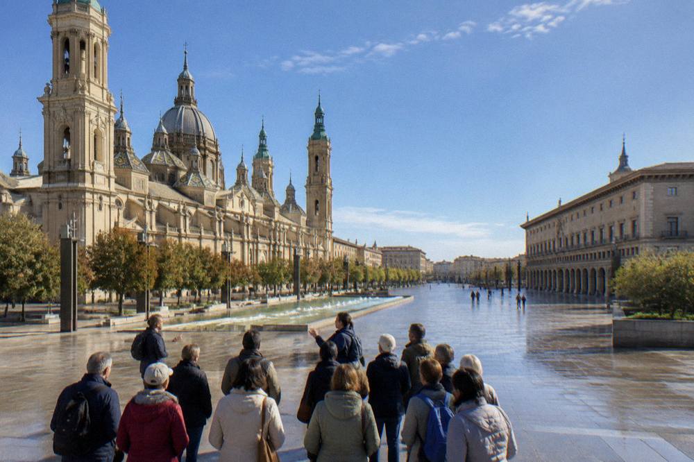 A guided tour group listening to a guide in a historic Zaragoza square near the cathedral