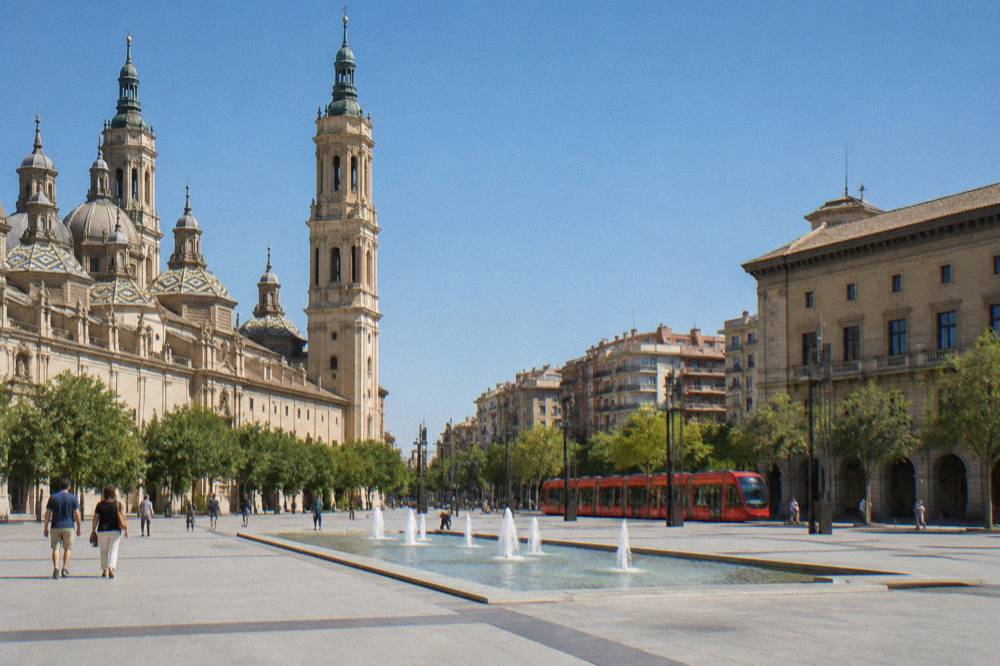 A red tram travelling along a tree-lined avenue in Zaragoza with modern apartment blocks behind