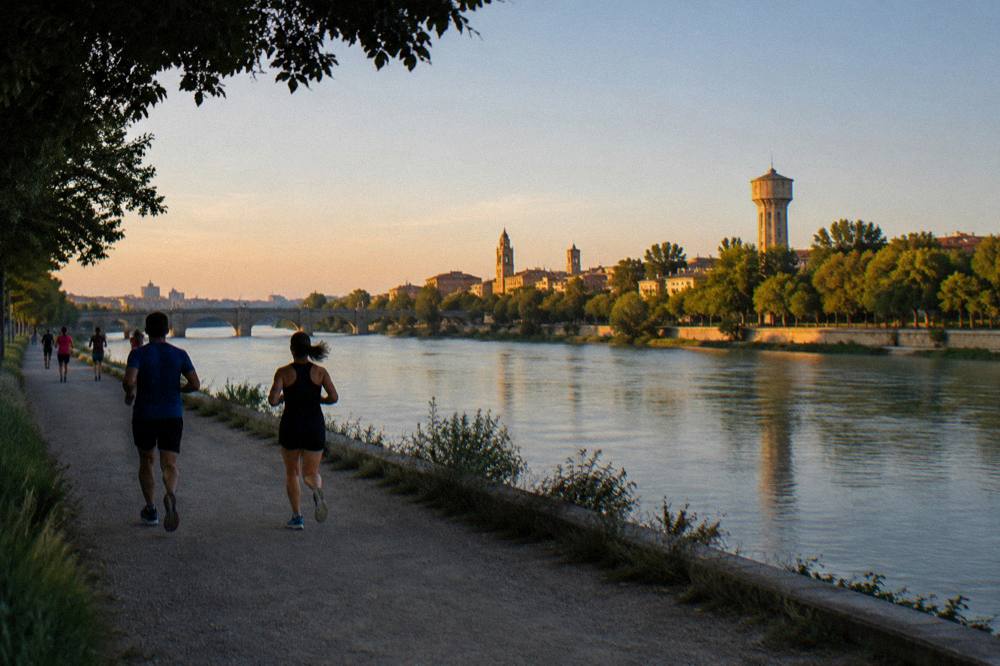 Runners on a gravel path beside the Ebro with the water tower in the background at golden hour