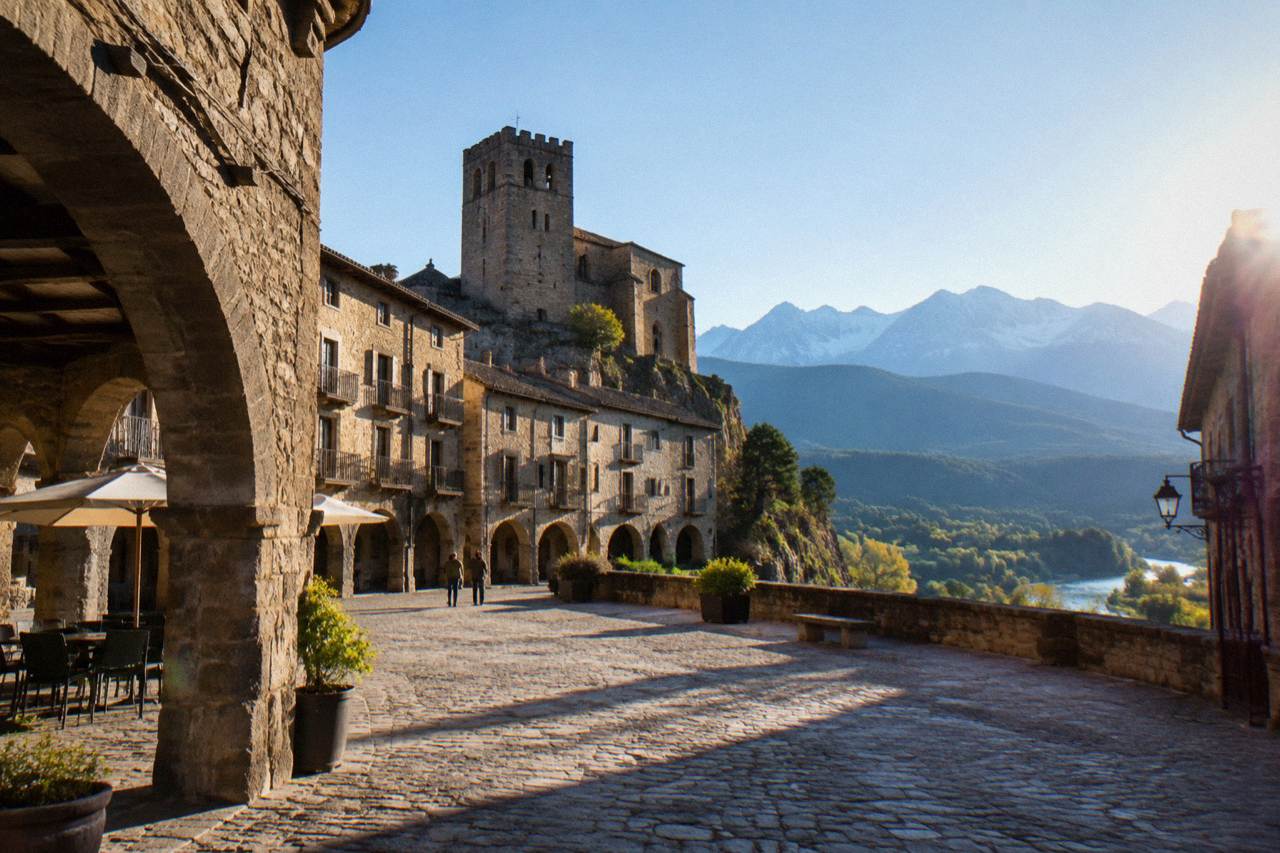 The medieval old town of Ainsa on its hill above the Ara river valley in the Aragonese Pyrenees
