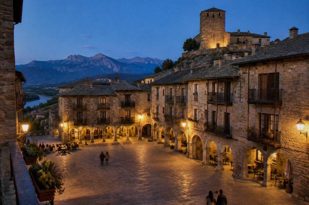The arcaded Plaza Mayor of Ainsa with stone columns and timber balconies in evening light