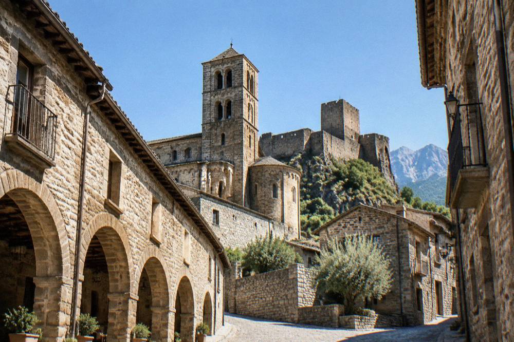 Romanesque church tower and castle walls of Ainsa seen from a narrow stone street