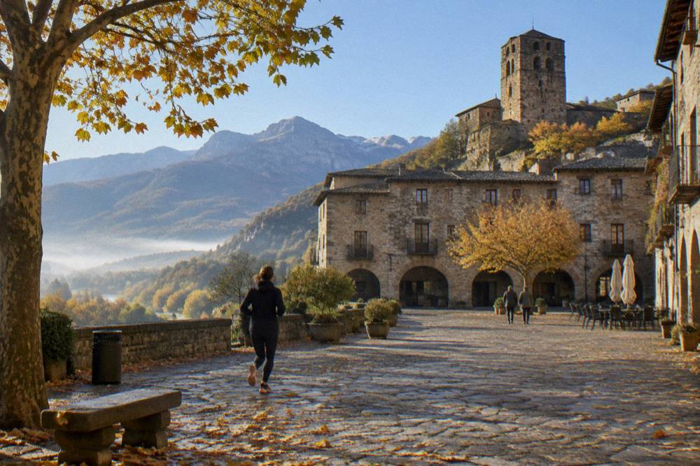 Autumn colours on forested mountain slopes above a stone village in the Aragonese Pyrenees