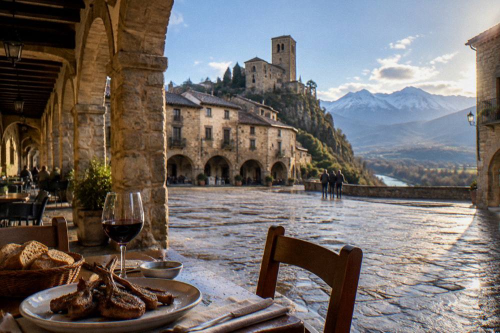 A table with lamb chops, bread and red wine set under the stone arcades of a medieval plaza