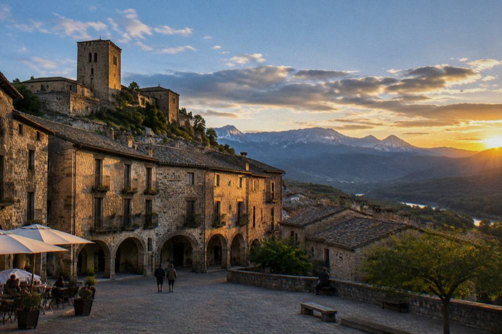 Sunset light over the rooftops of Ainsa with Pyrenees peaks on the horizon