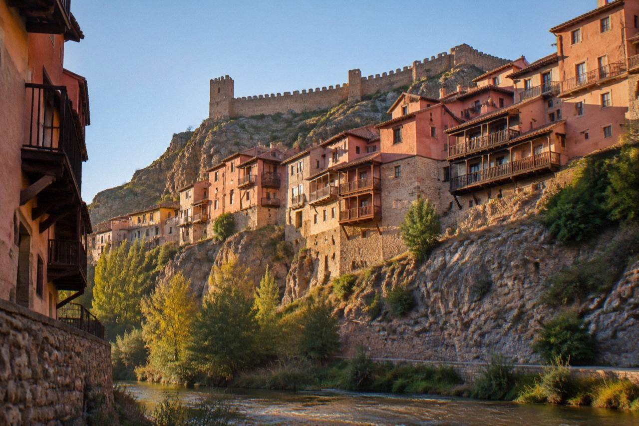 Terracotta houses of a medieval hill town stacked above a river gorge