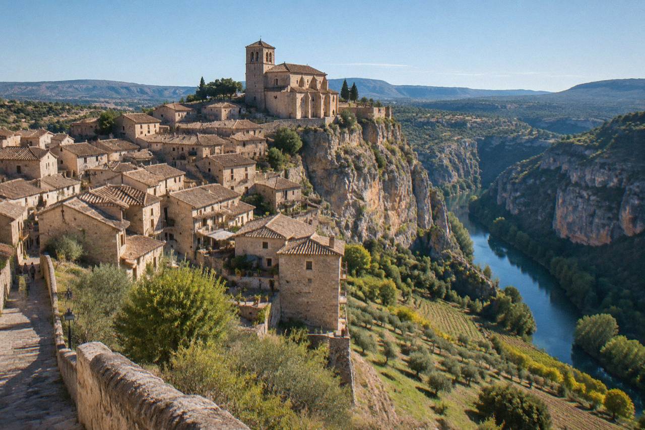 A stone village of tiled rooftops clustered around a church on a rocky hill above a river gorge