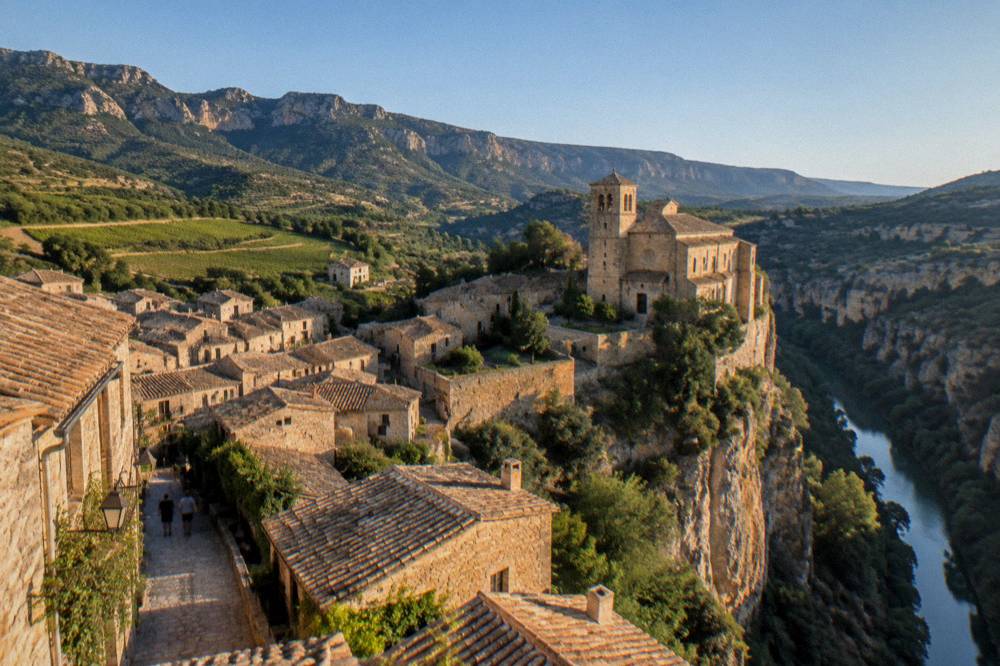 Rows of grapevines on rolling ground with rocky mountains rising behind them