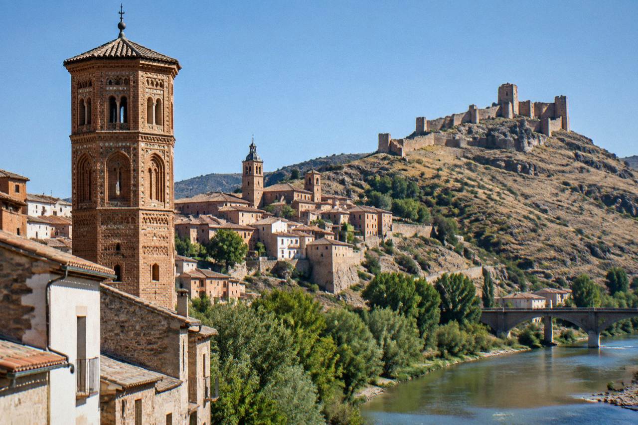 A hilltop town of church towers and castle walls seen across a river valley in Aragon