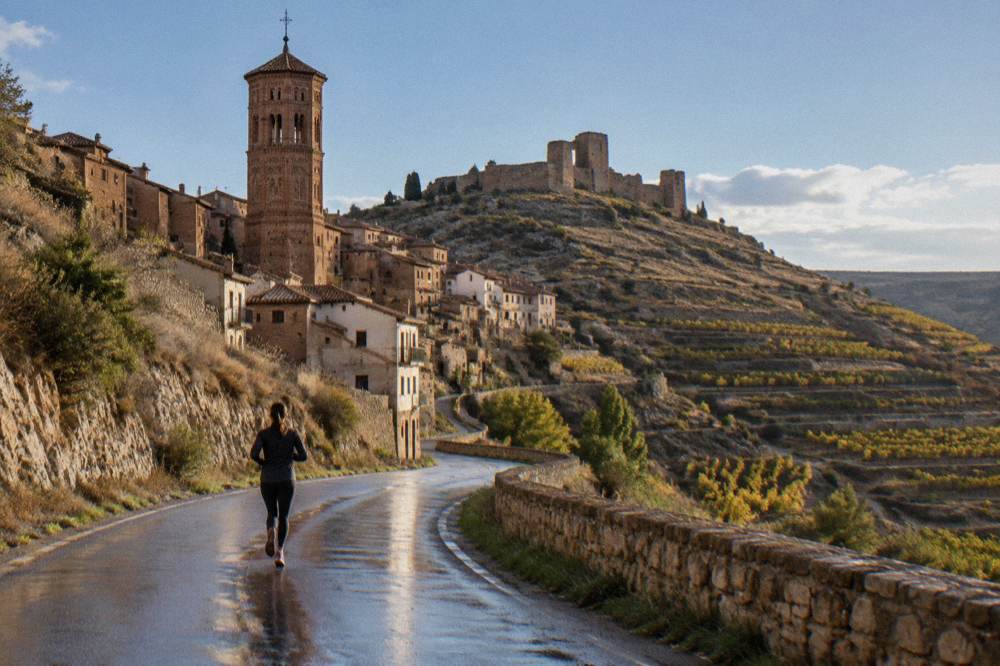 A country road winding between dry hills and terraced vineyards in Aragon