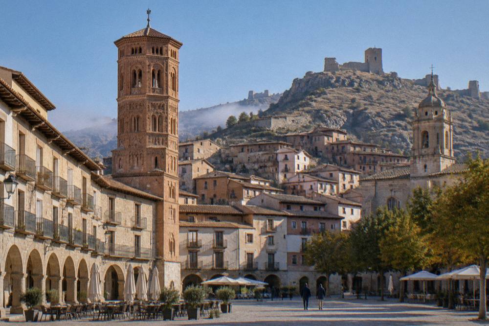 A stone arcaded plaza with café tables and a church tower at the far end