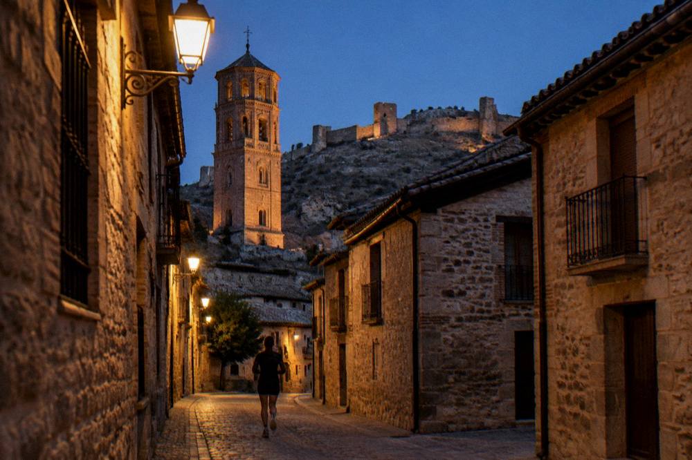 A narrow old street of stone houses with a bell tower at the end in soft evening light
