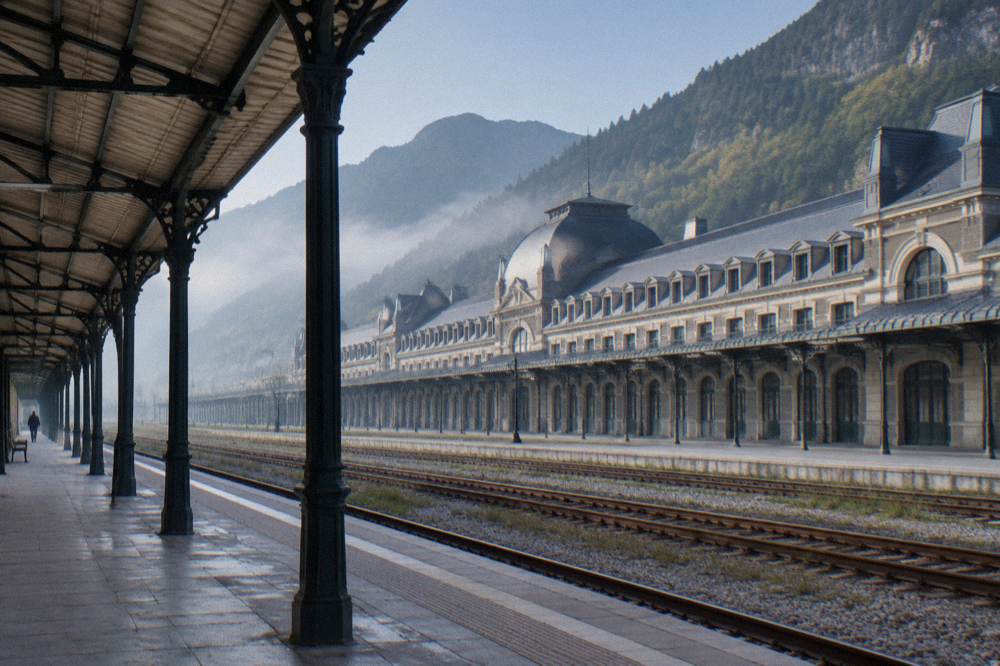 A wide stone platform canopy with iron pillars at a large mountain railway station