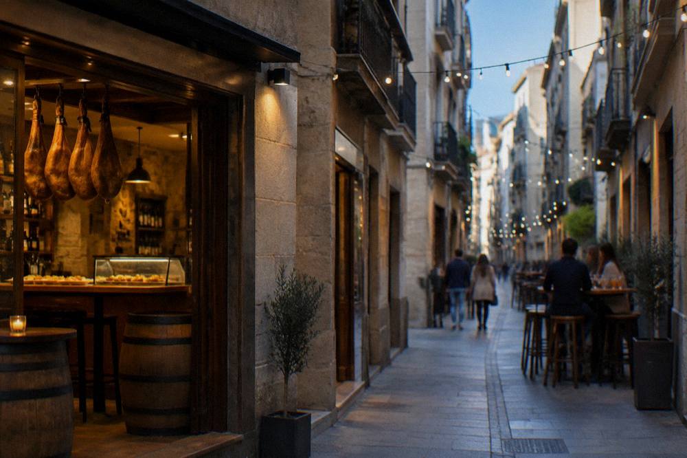A small tapas bar interior with barrels, hanging cured hams and a lit counter