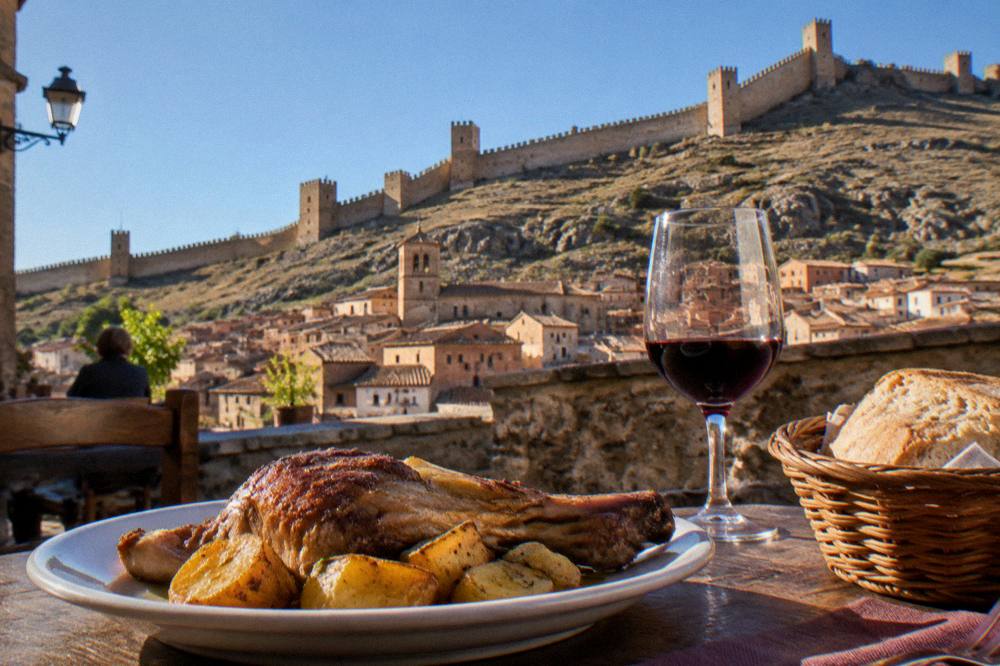 A plate of roasted lamb with potatoes beside bread on a restaurant table in a Spanish inn