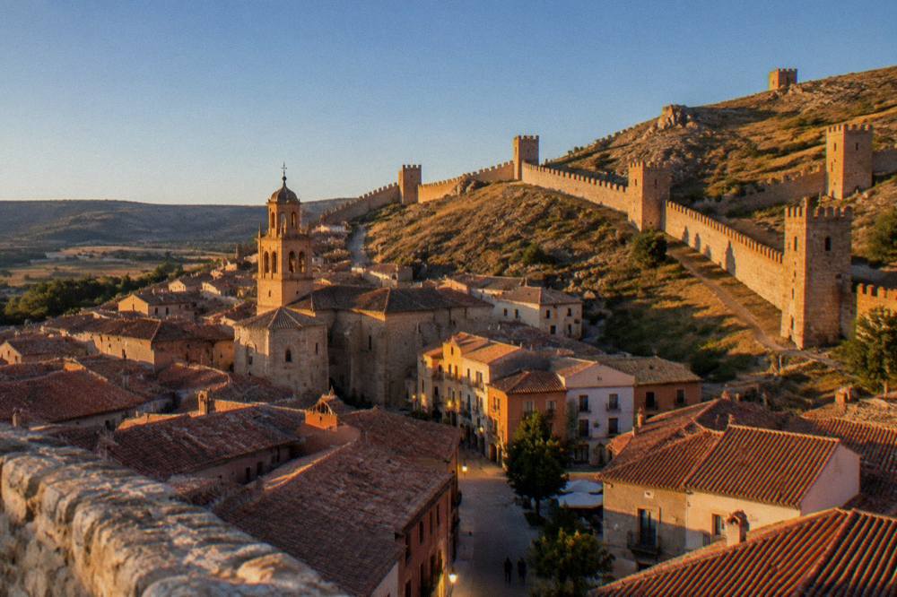 Golden evening light over red rooftops and a stone wall in a Spanish hill town