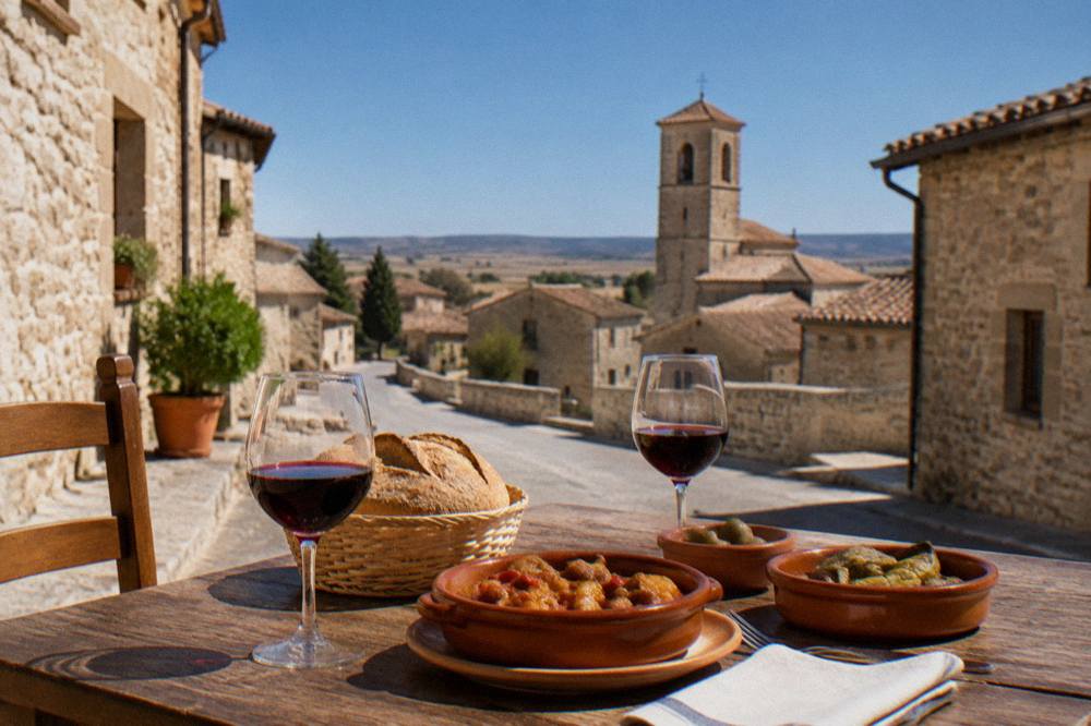 A rustic restaurant table with bread, wine glasses and clay dishes on a wooden surface
