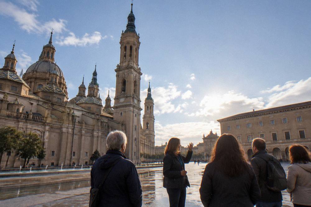 A guide speaking to a small group of visitors in a sunlit old town square