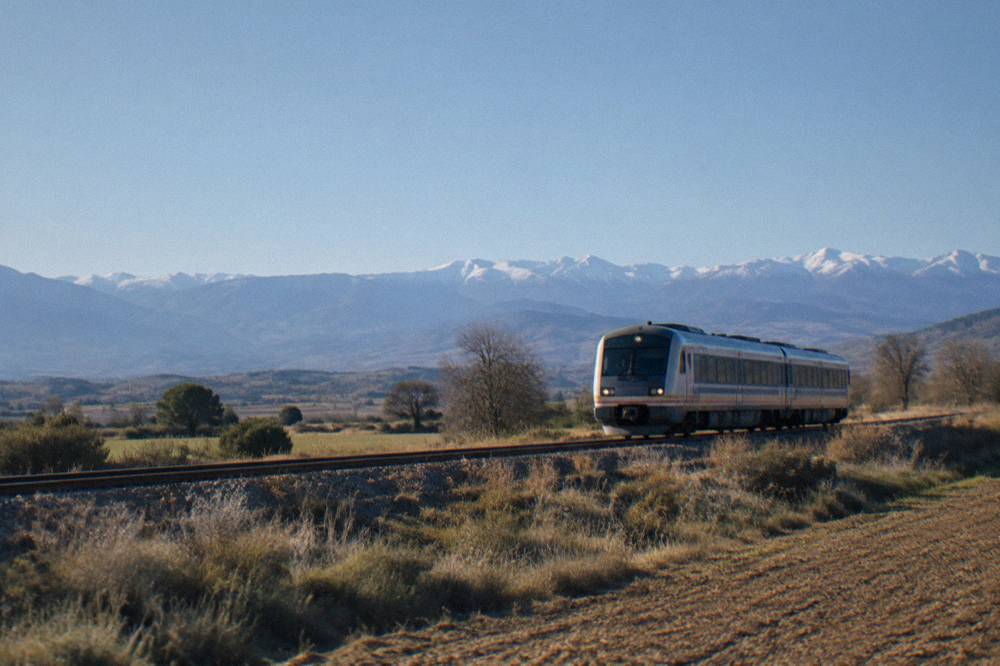 A regional train travelling through dry open countryside towards distant mountains