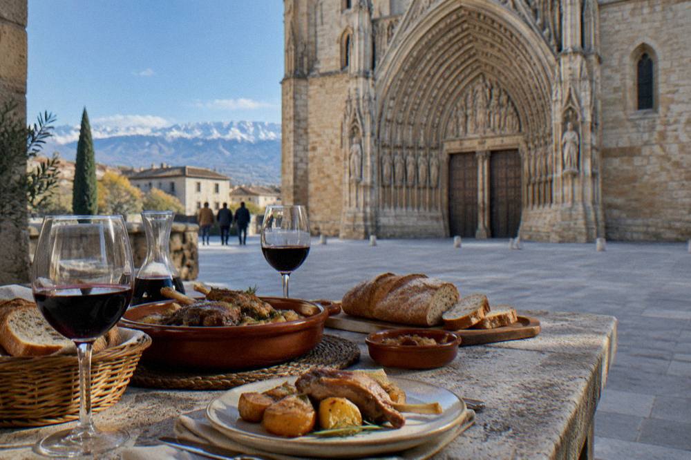 A long stone dining table set with bread, wine and lamb dishes in an Aragonese restaurant