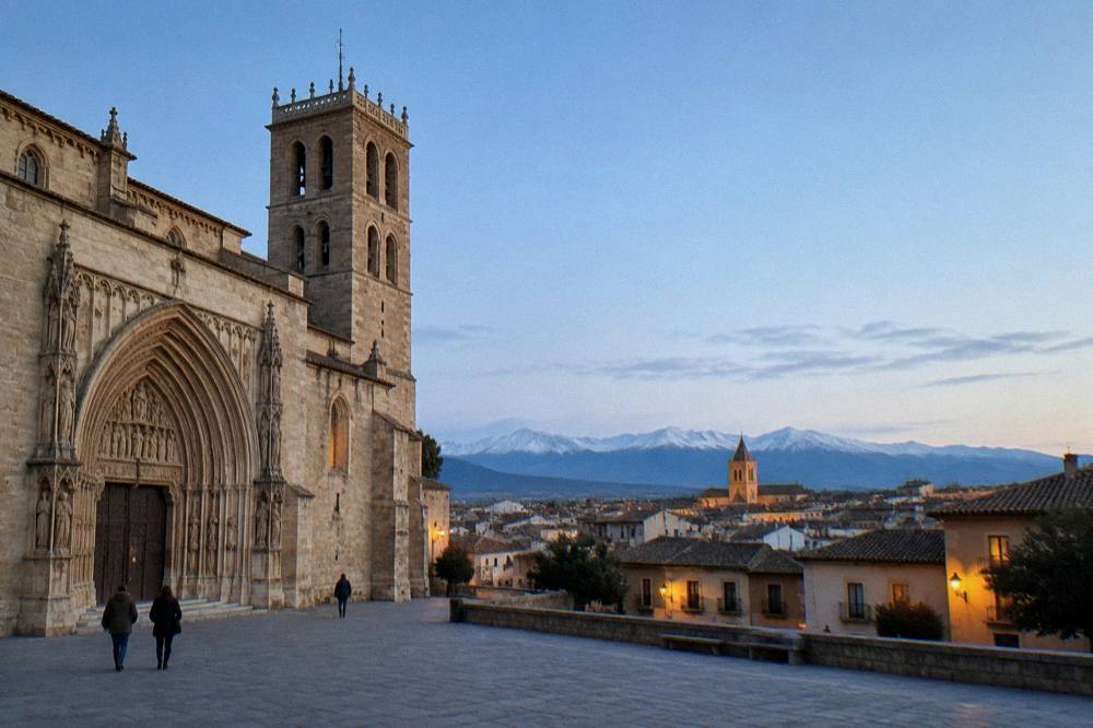 An evening view over Huesca's rooftops with the cathedral tower and distant mountain silhouettes