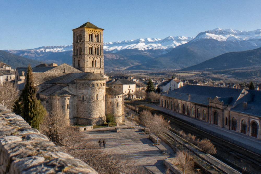 A large disused railway station building with a long arched facade in a mountain valley