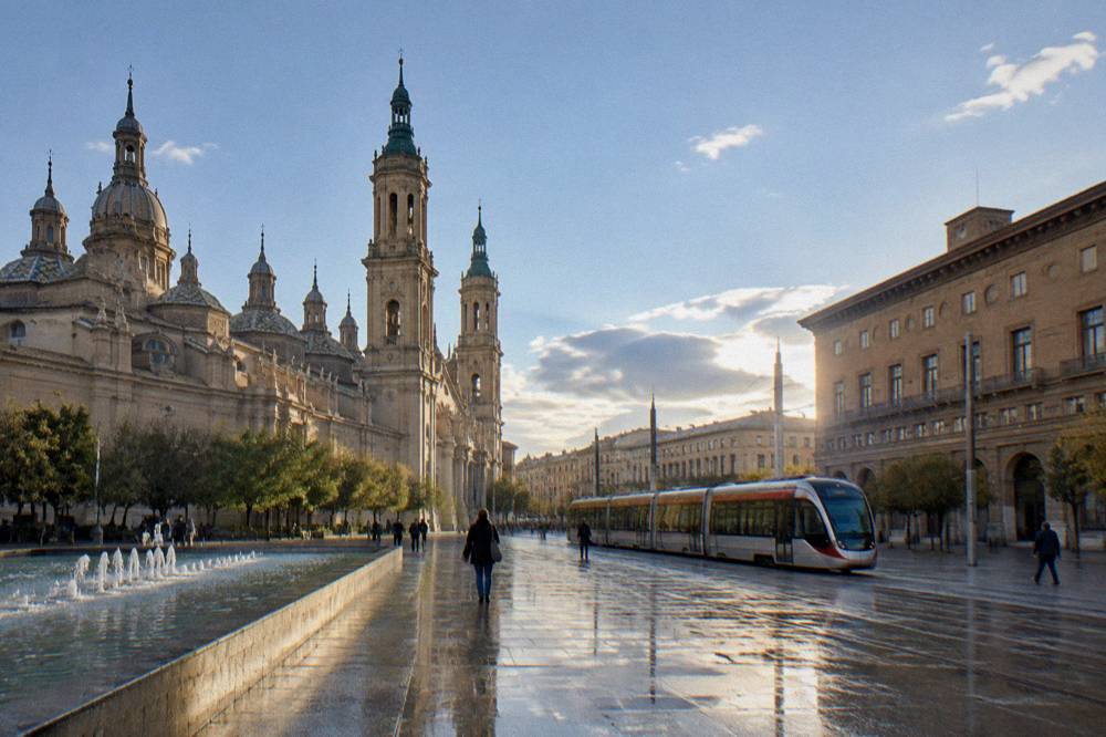 A modern tram moving along a city street in Zaragoza with stone buildings behind it