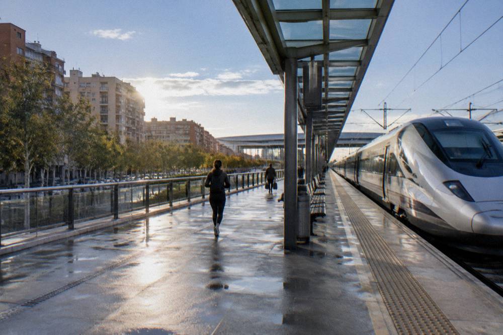 A train platform at Zaragoza Delicias station with a high-speed train waiting beside glass canopies