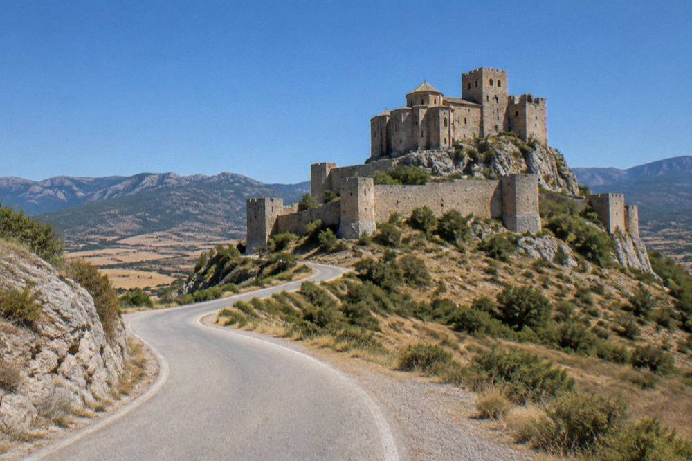 A winding mountain road approaching a castle ridge with open scrubland on either side