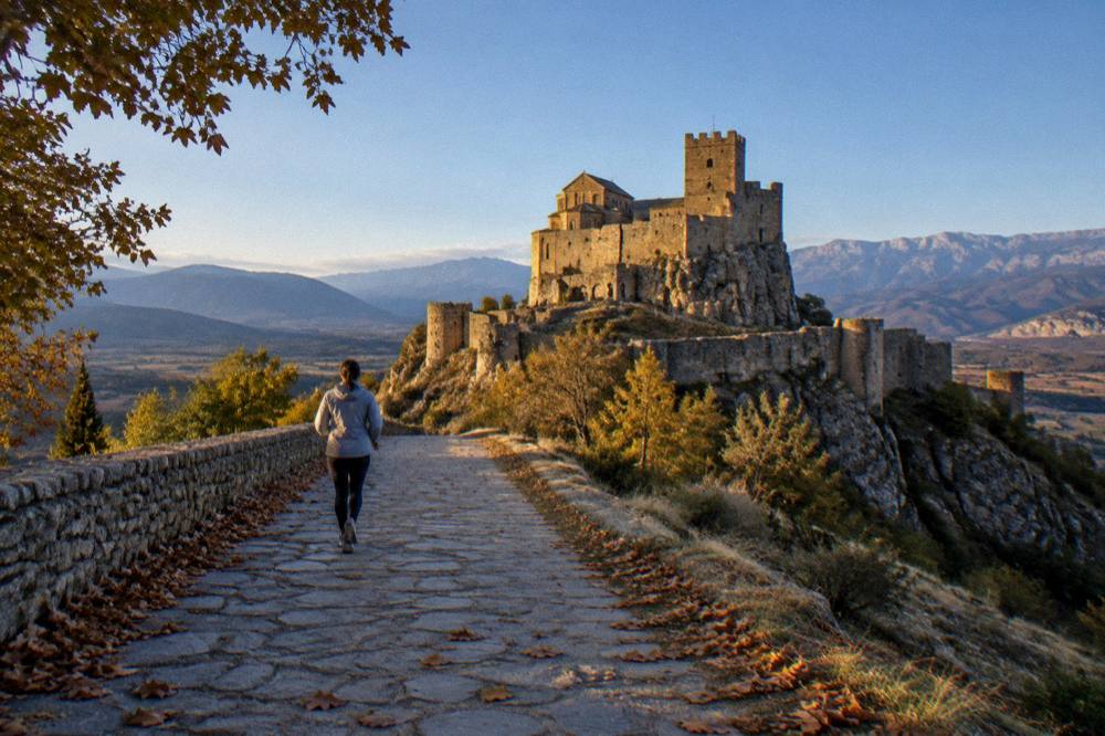 A castle ridge in autumn light with golden hills and a distant mountain range