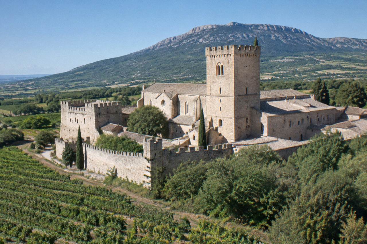 Stone walls of an old monastery complex rising above woods and vineyards at the foot of a mountain