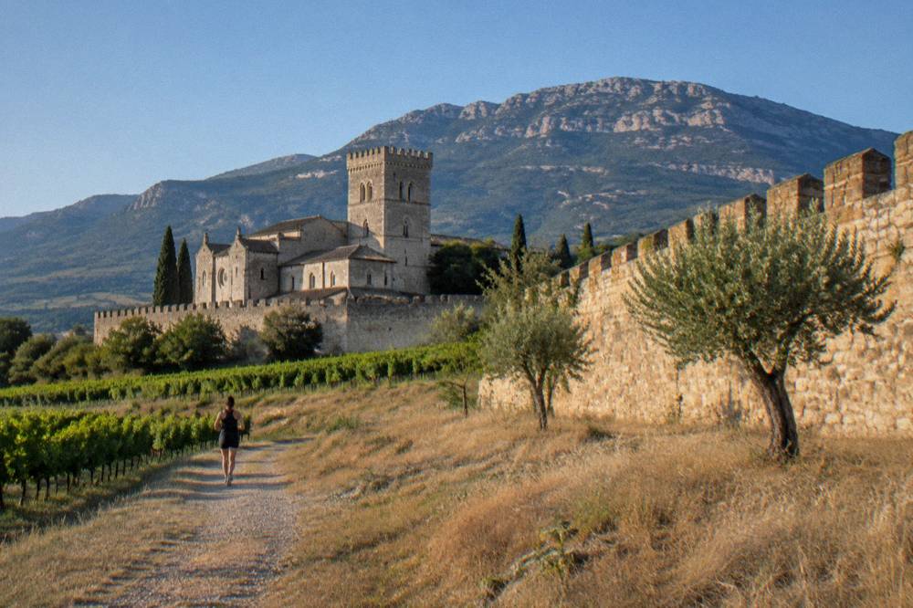 A stone monastery wall in warm late afternoon light with dry grass and a few small trees